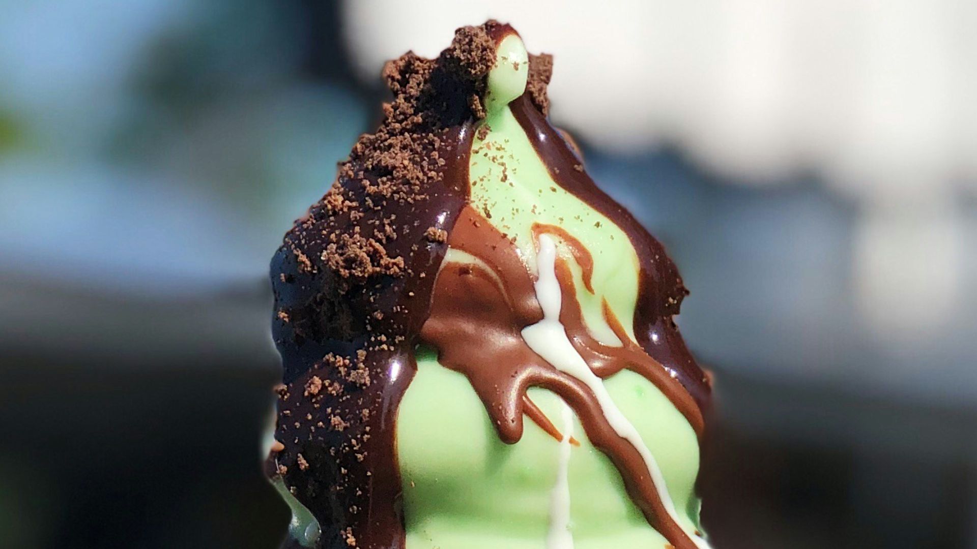 green ice cream coated with chocolate syrup