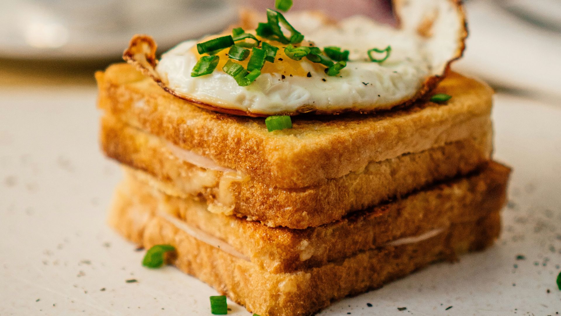 sliced bread with green vegetable on white ceramic plate