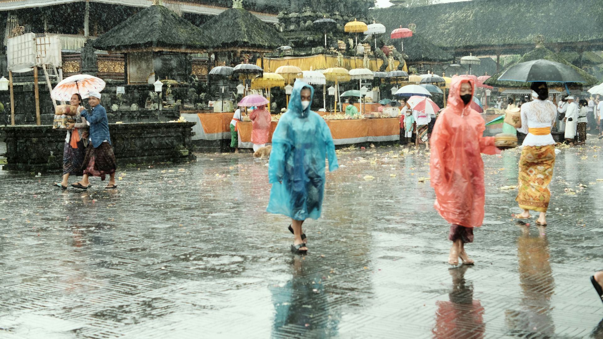 a group of people walking in the rain with umbrellas