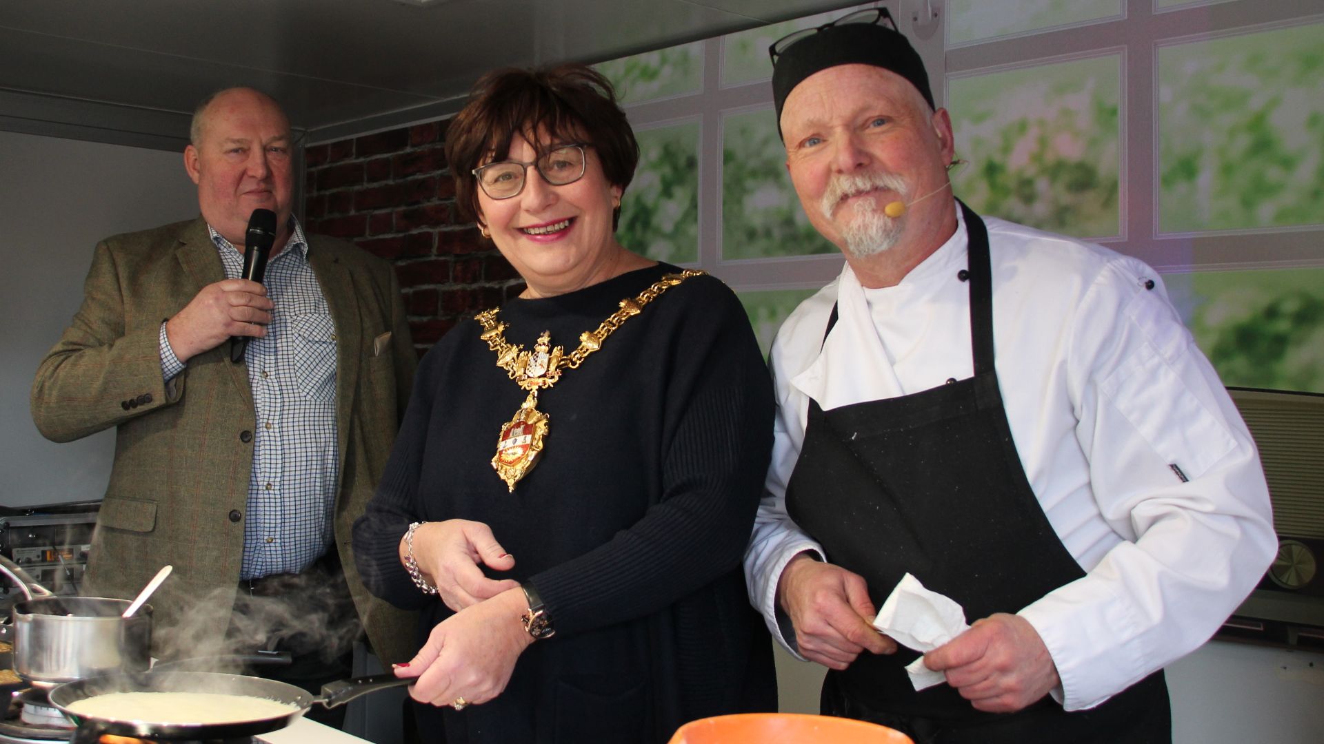 File:Welcome Back to Dudley cooking demo with presenter Porky, Mayor of Dudley Cllr Anne Millward and GBBO contestant Terry Hartill (51945629663).jpg