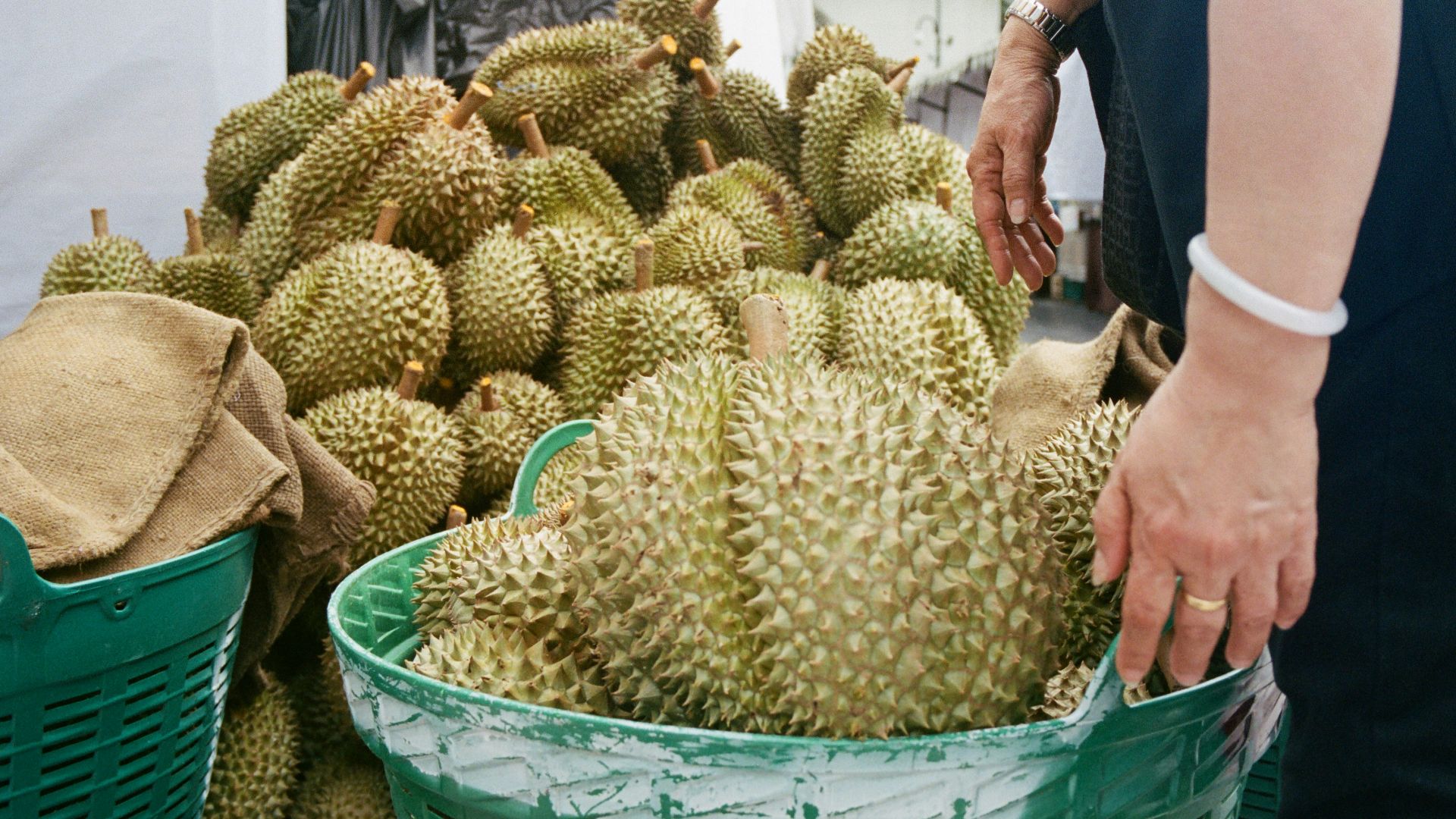 a person standing next to a pile of fruit