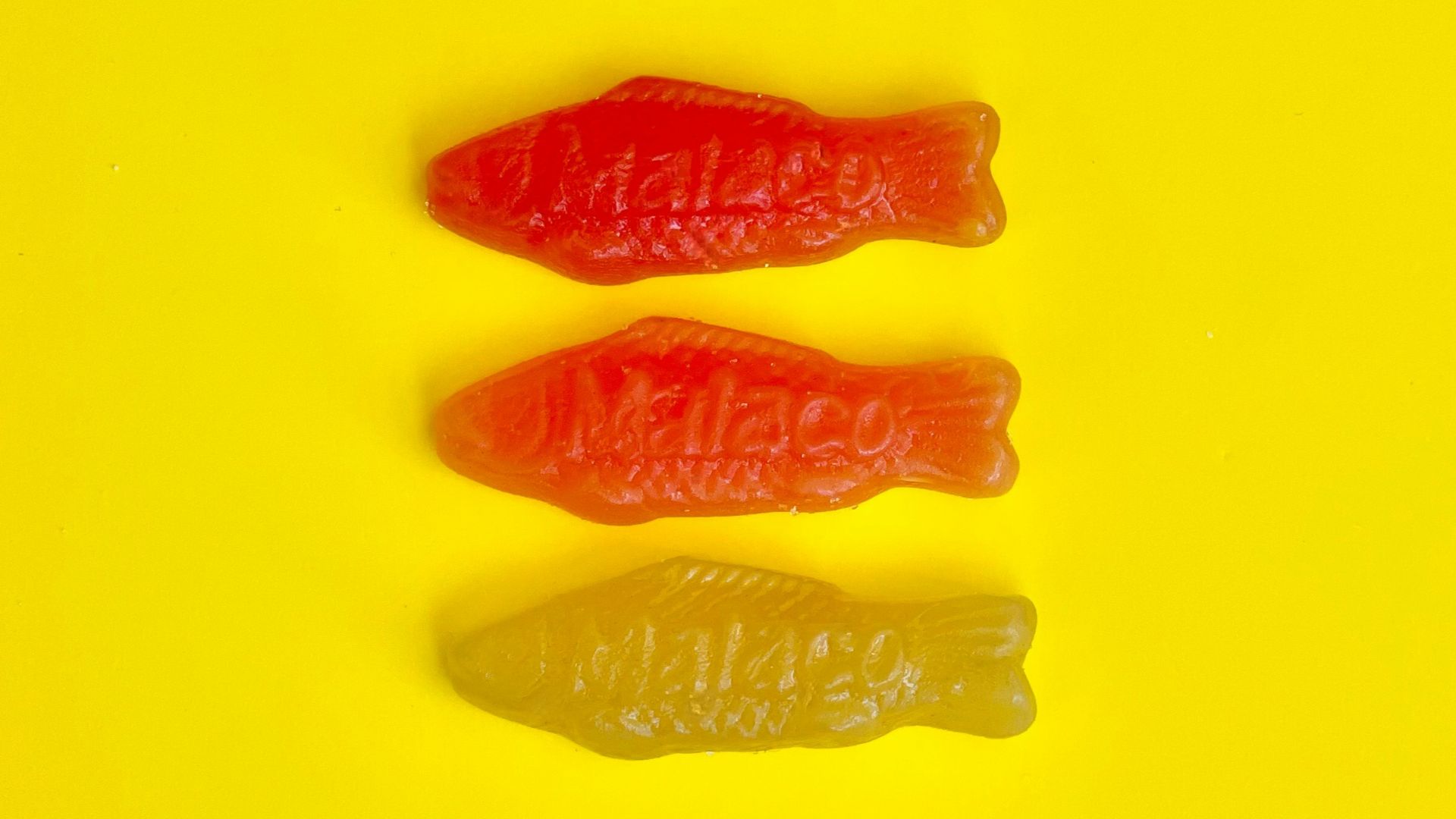 Three gummy bears sitting next to each other on a yellow background