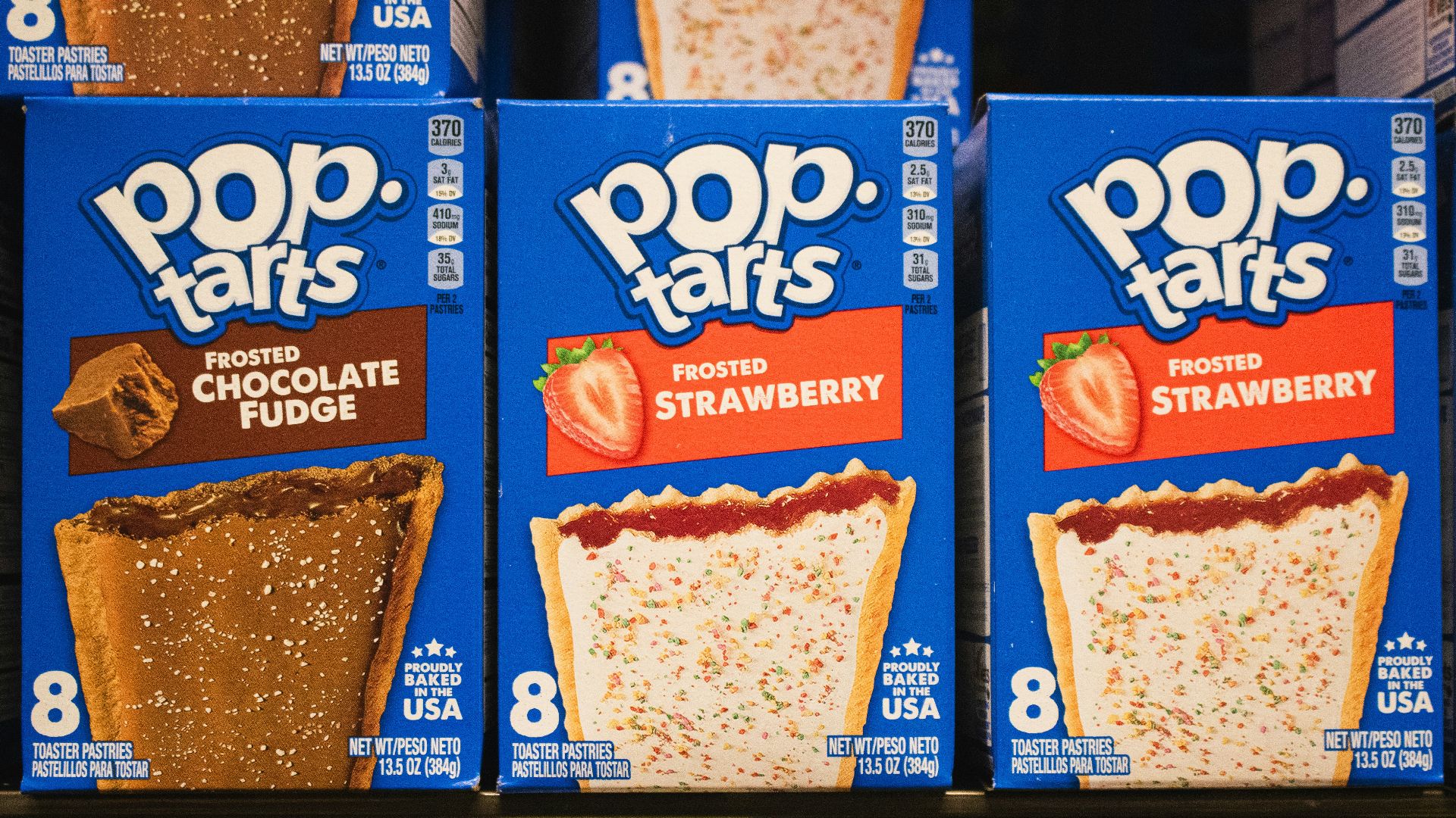 Boxes of pop-tarts are shown with different flavors.