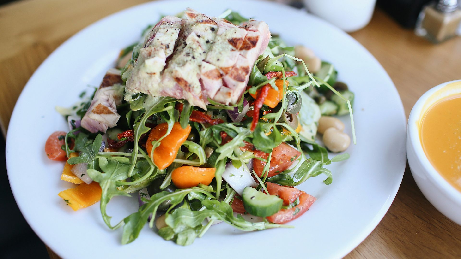 plate of food on wooden surface