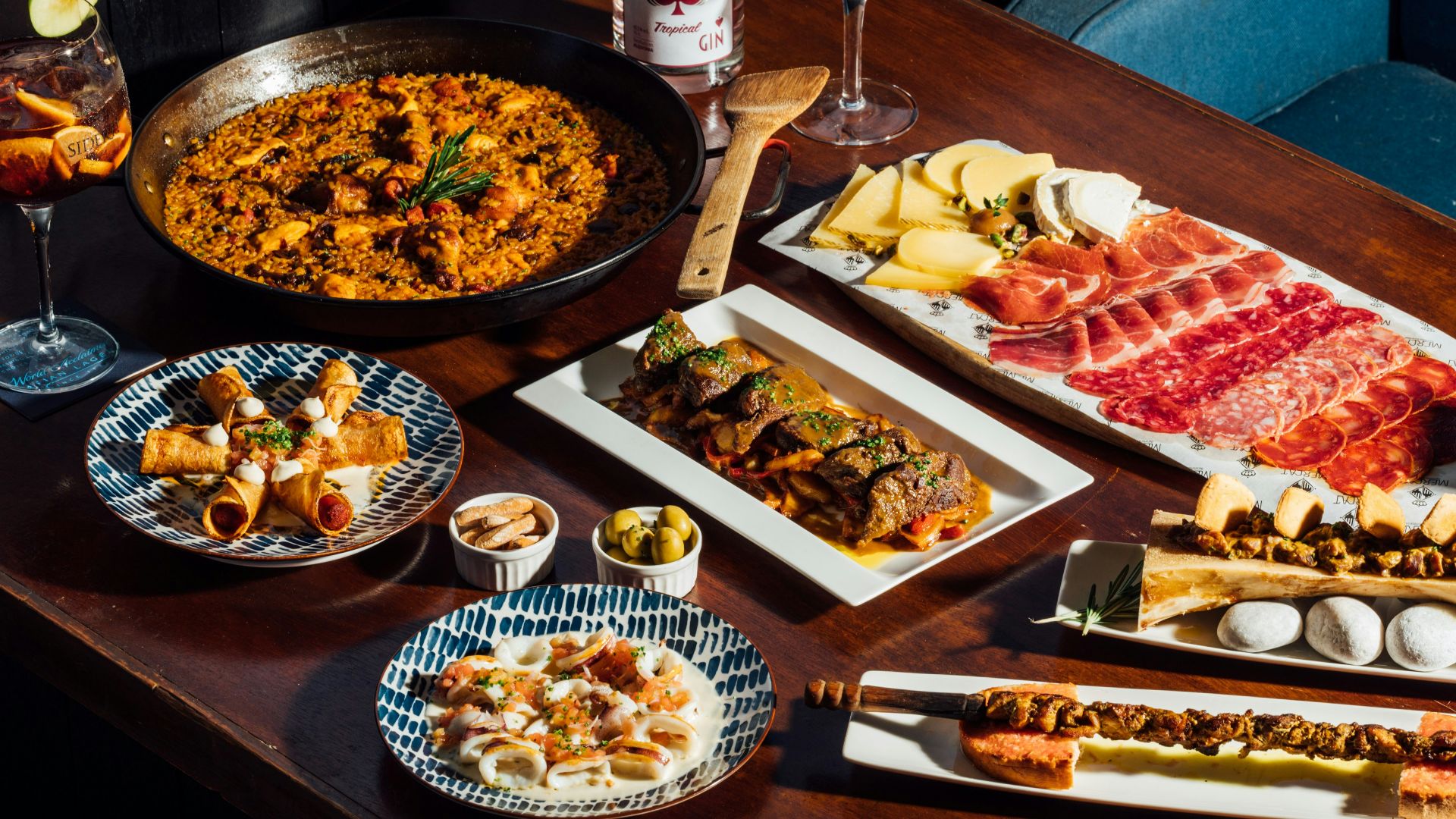 a table with food and drinks on it