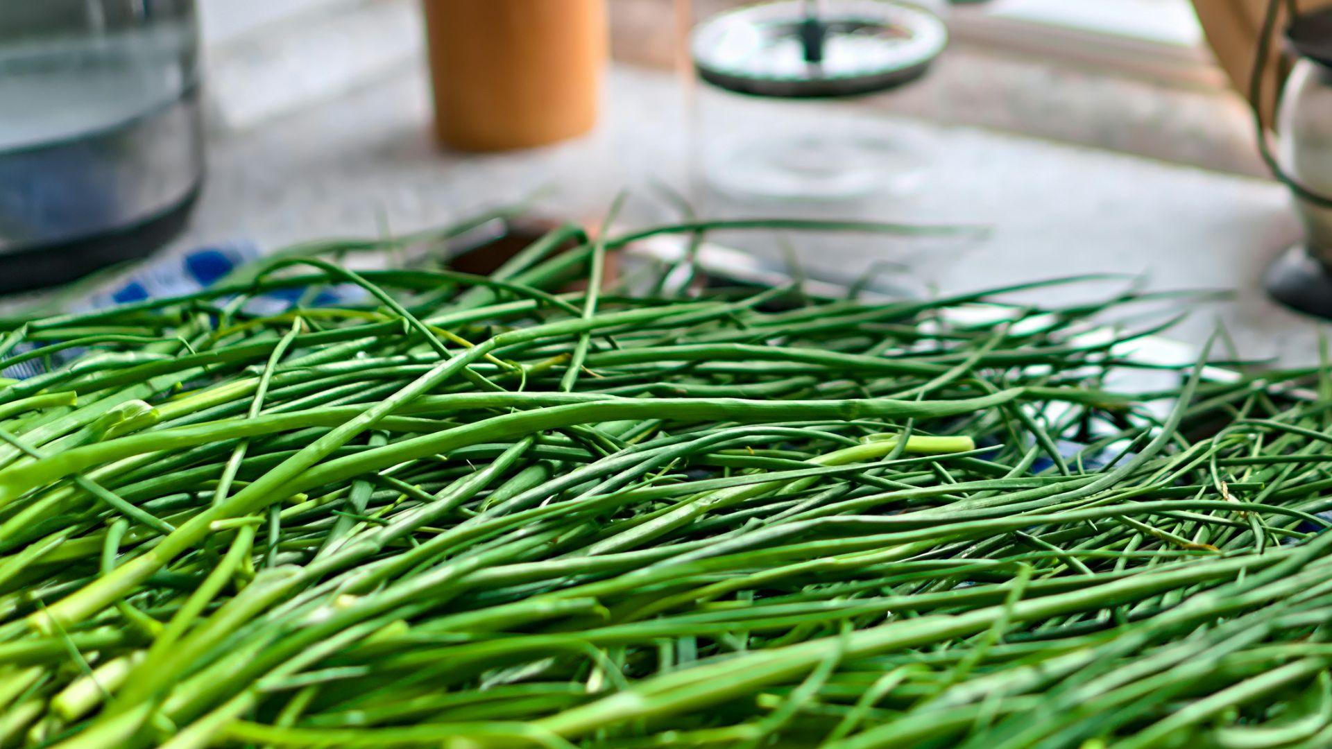 a pile of green beans sitting on top of a counter
