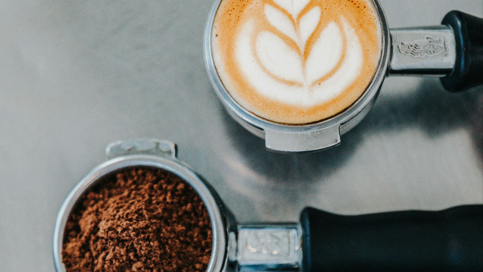 flat lay photography of coffee latte, ground coffee, and coffee beans
