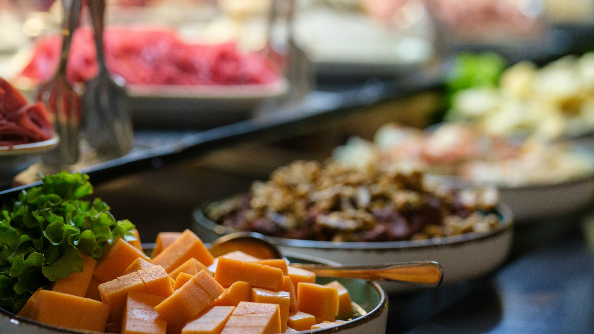 a table is filled with food