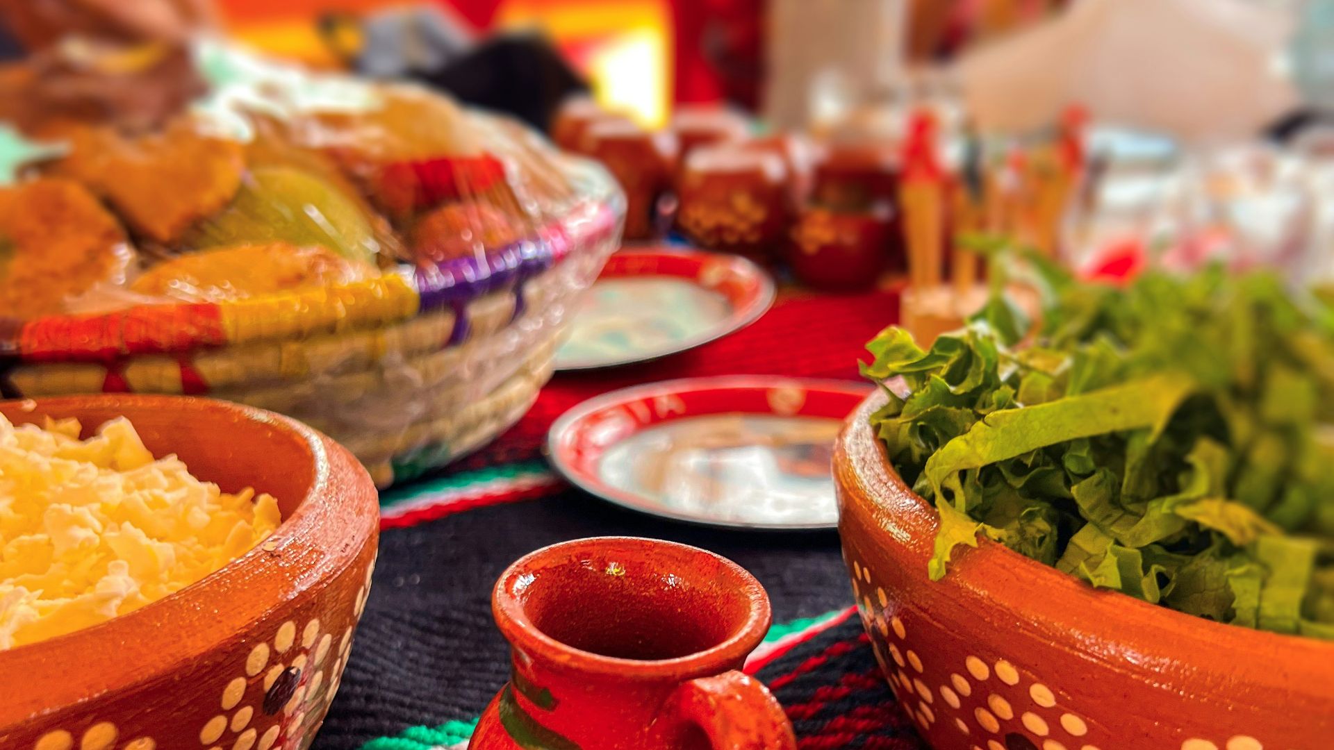 a table is filled with food