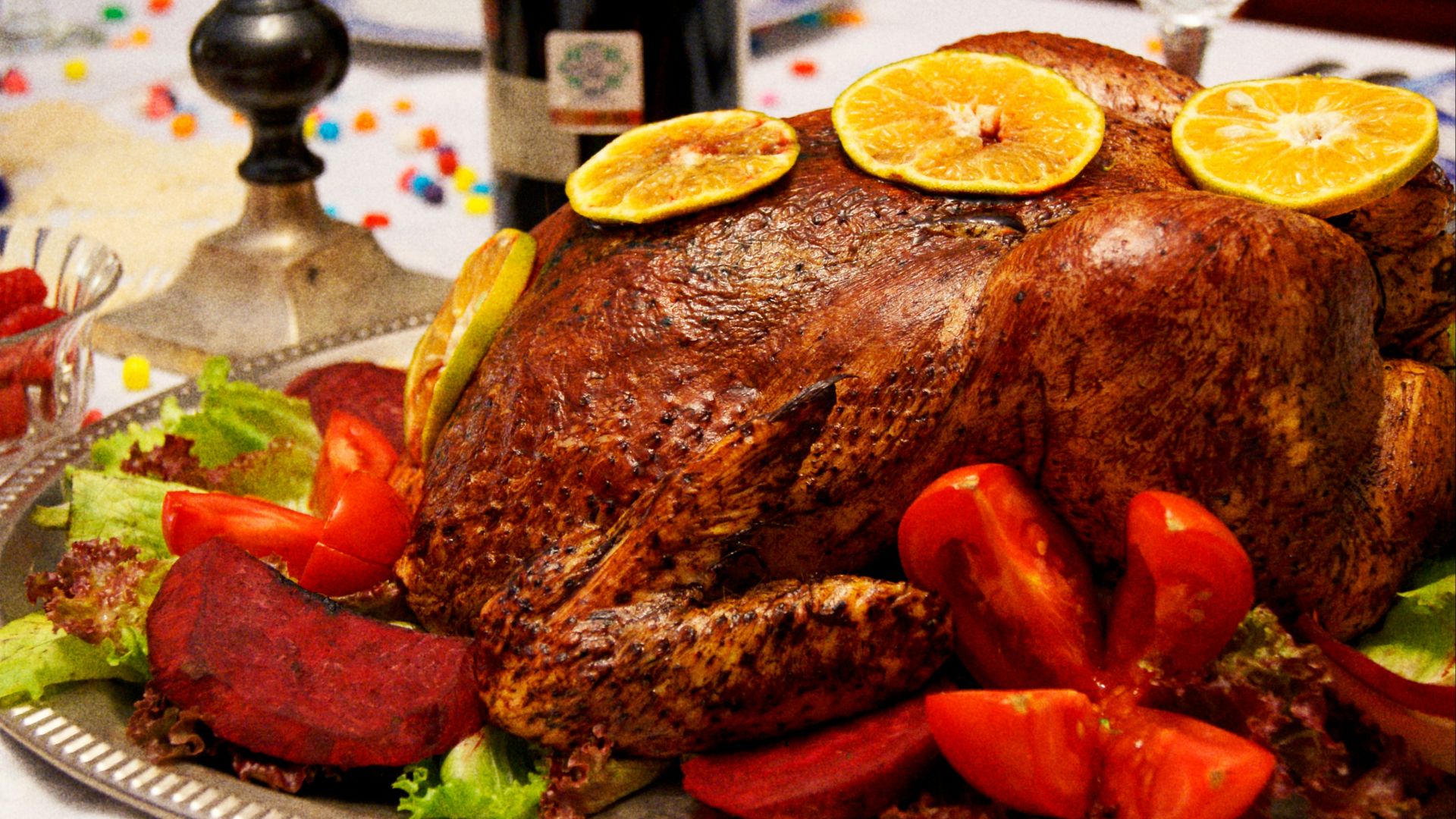 A roasted turkey is ready for a feast.