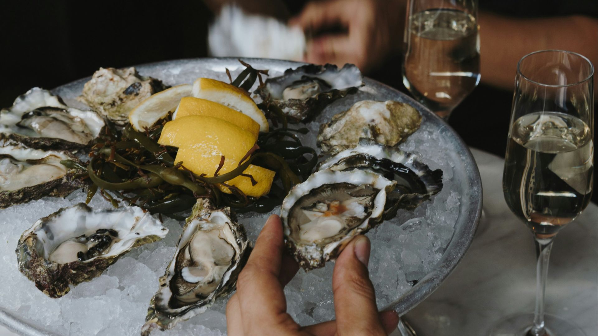 a person holding a plate of oysters with lemon wedges