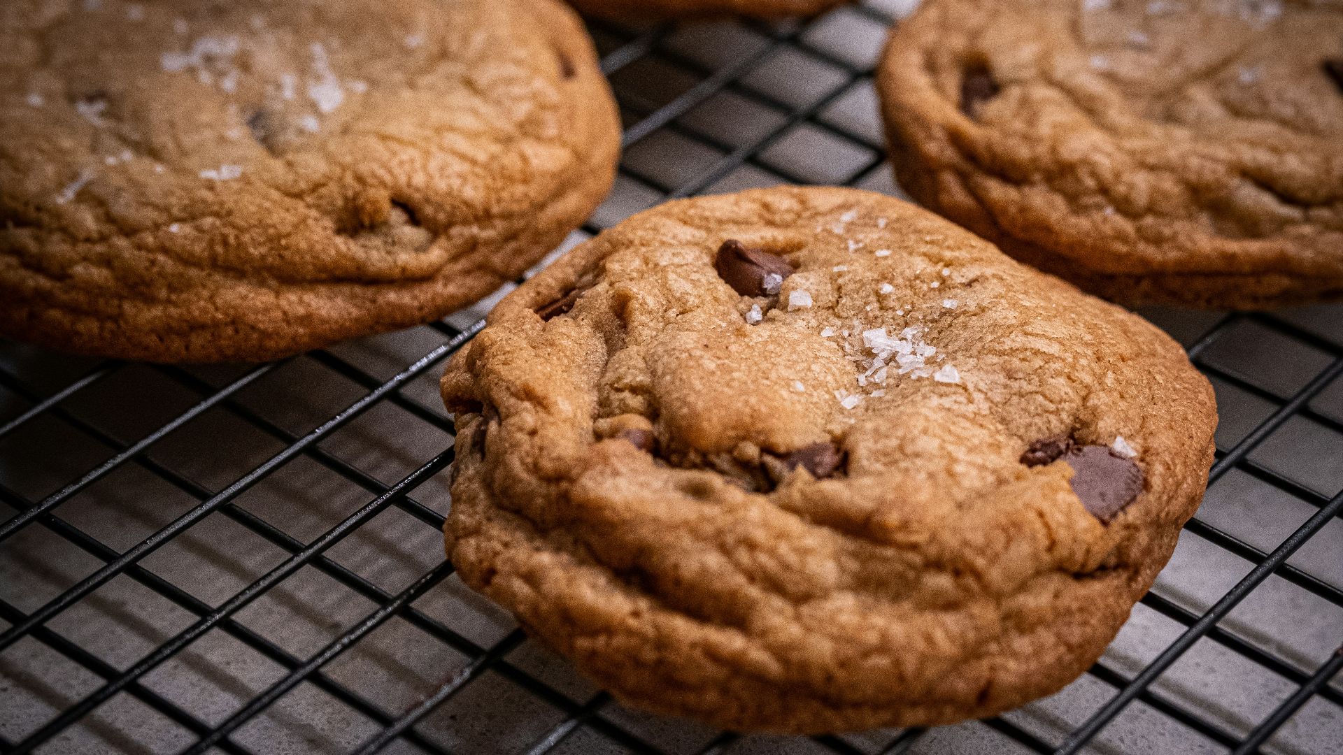 chocolate chip cookies cooling on a wire rack