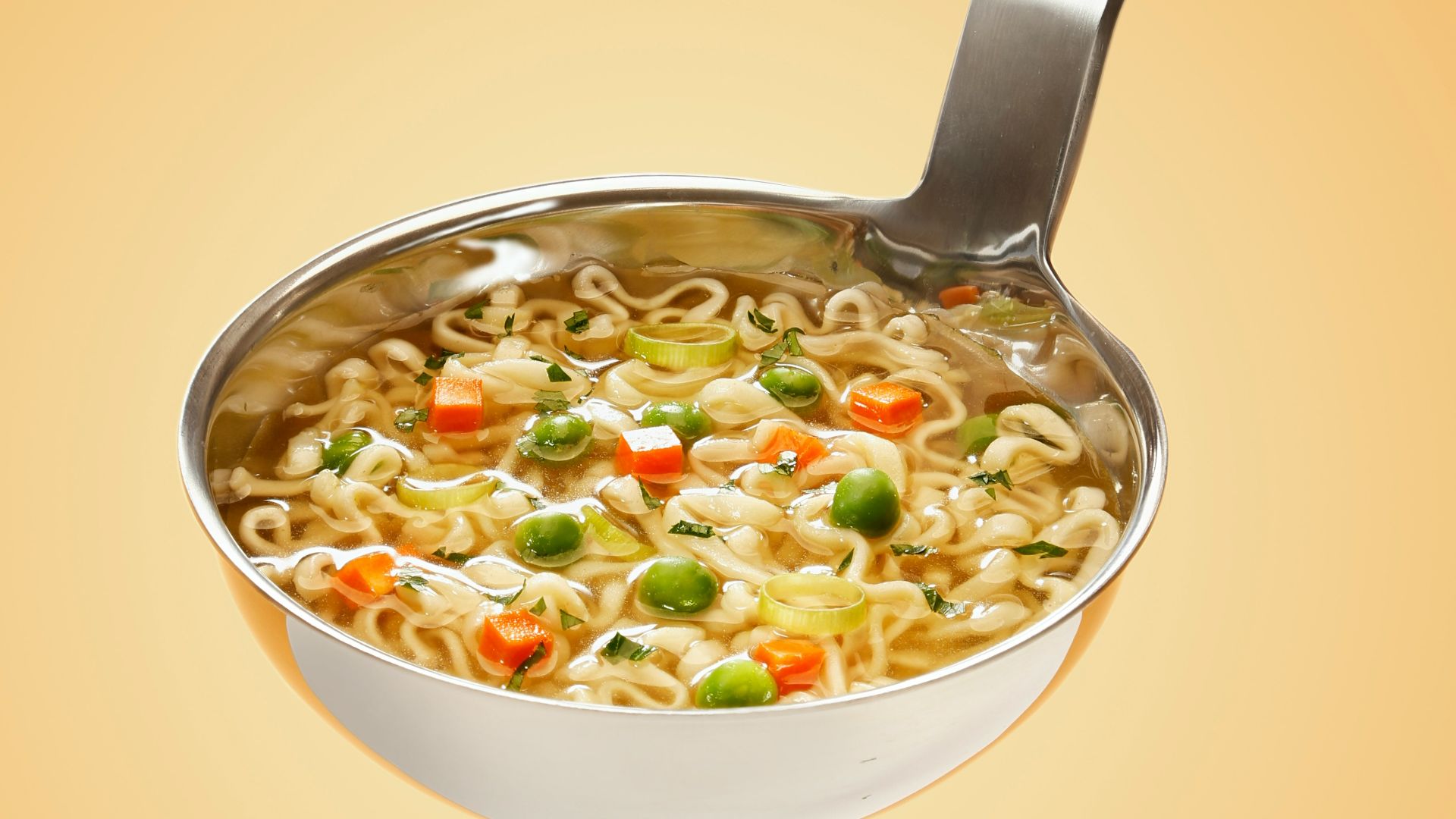 silver steel scoop with noodles