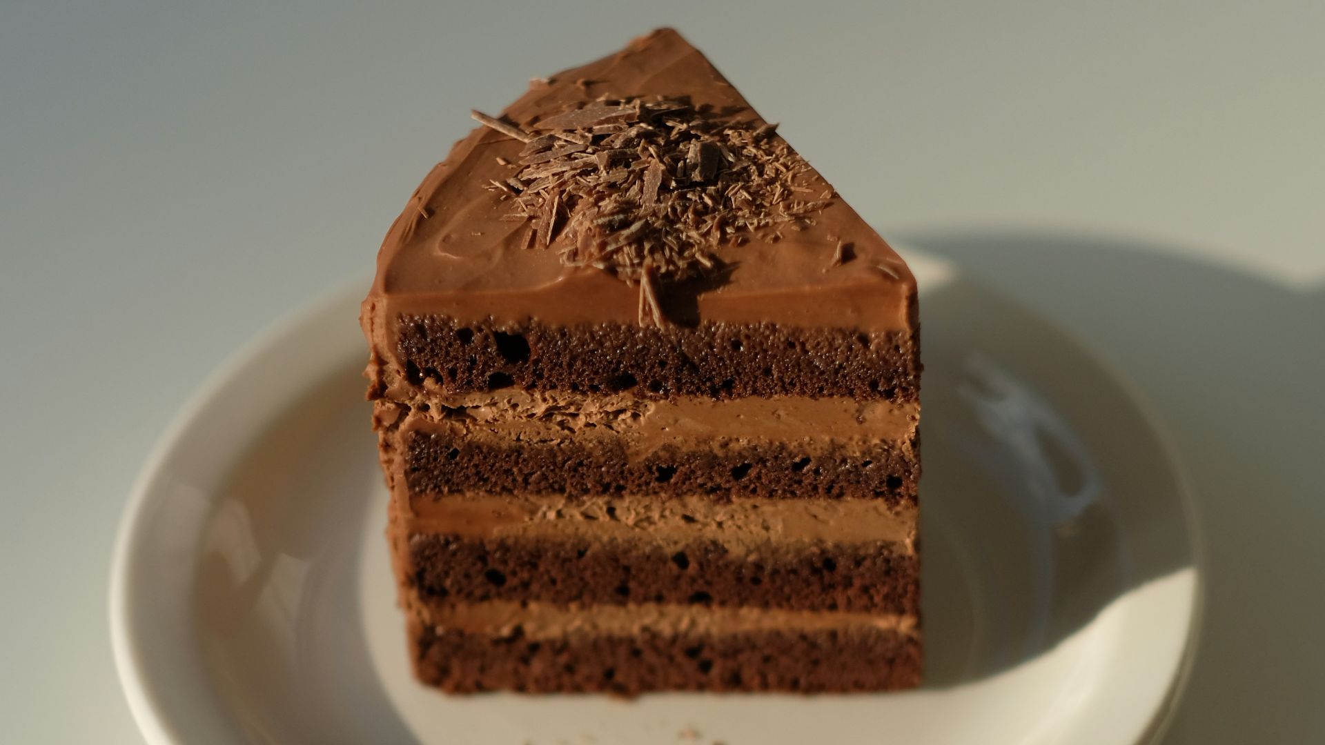 a slice of chocolate cake on a white plate