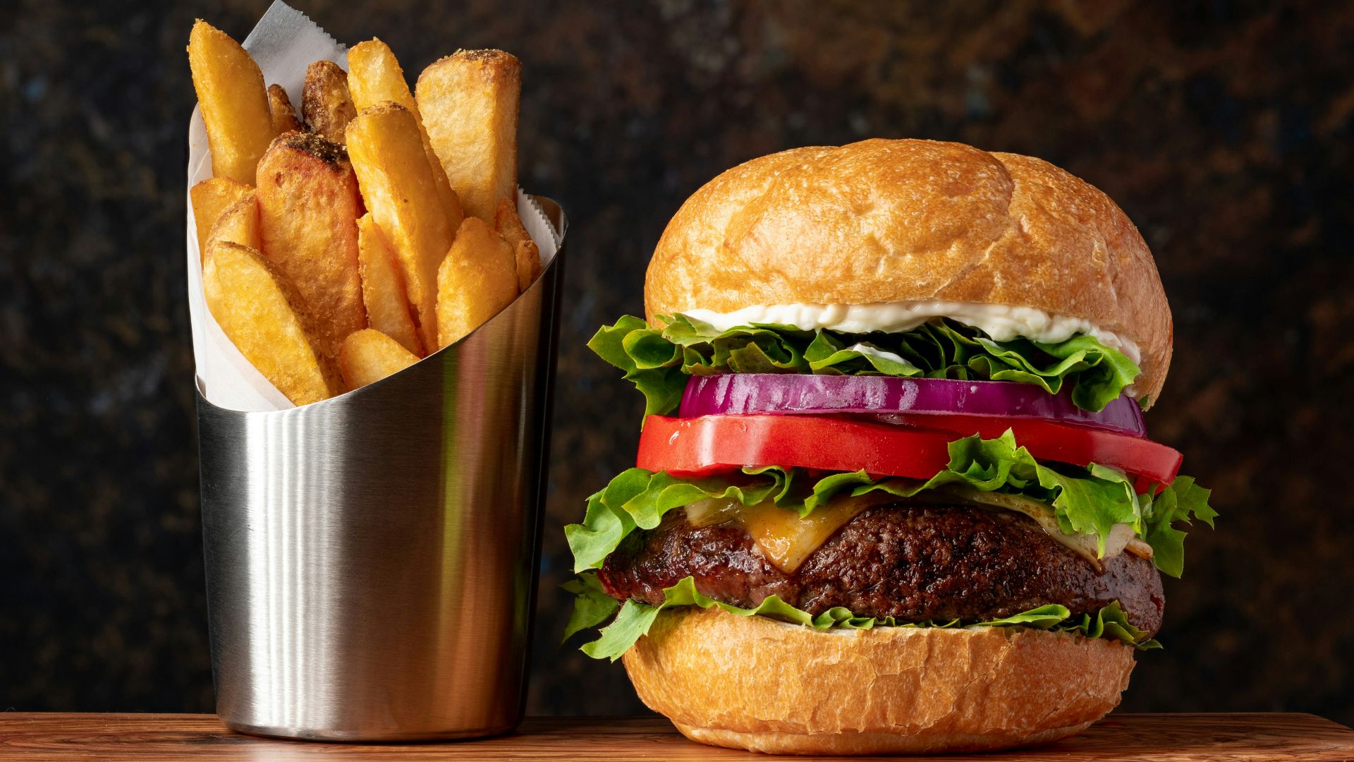 burger with lettuce and fries