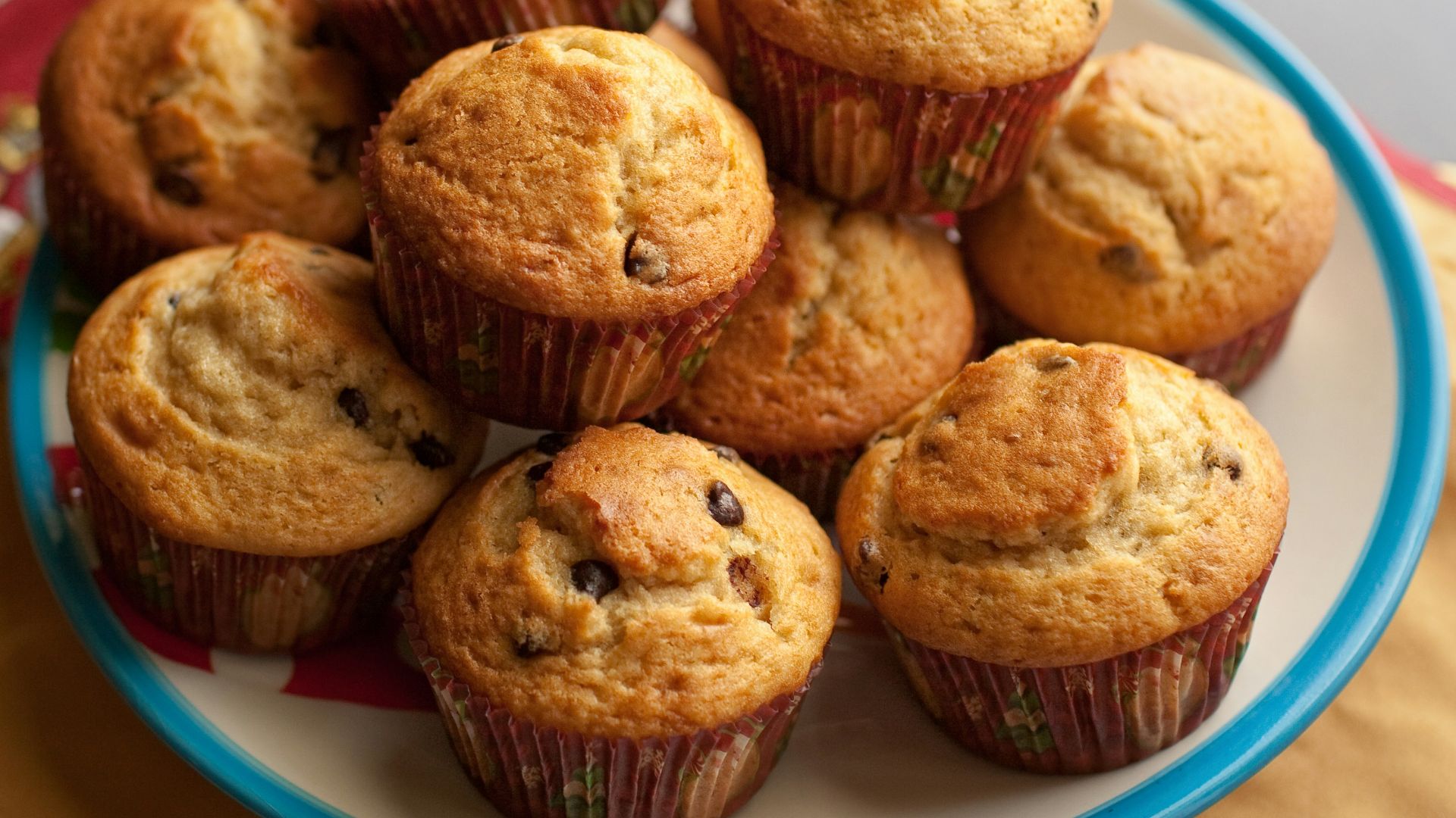 brown cupcakes on blue and white ceramic plate