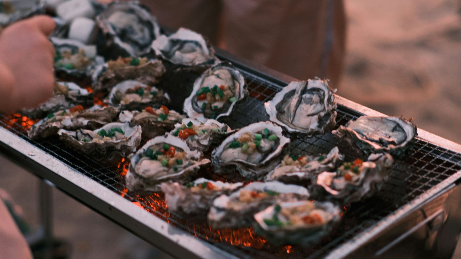 a person holding a tray of oysters on a grill