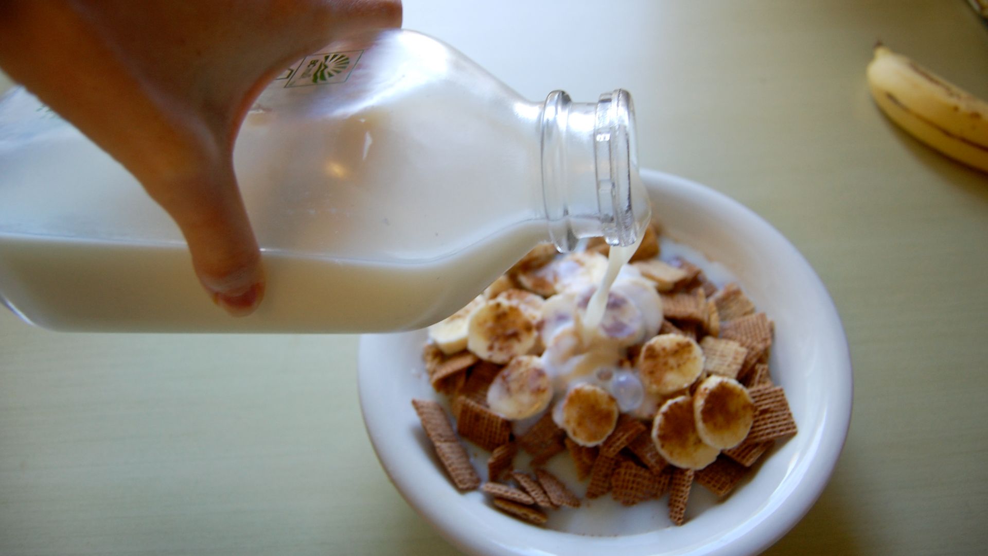File:Skim milk poured into cereal bowl.jpg