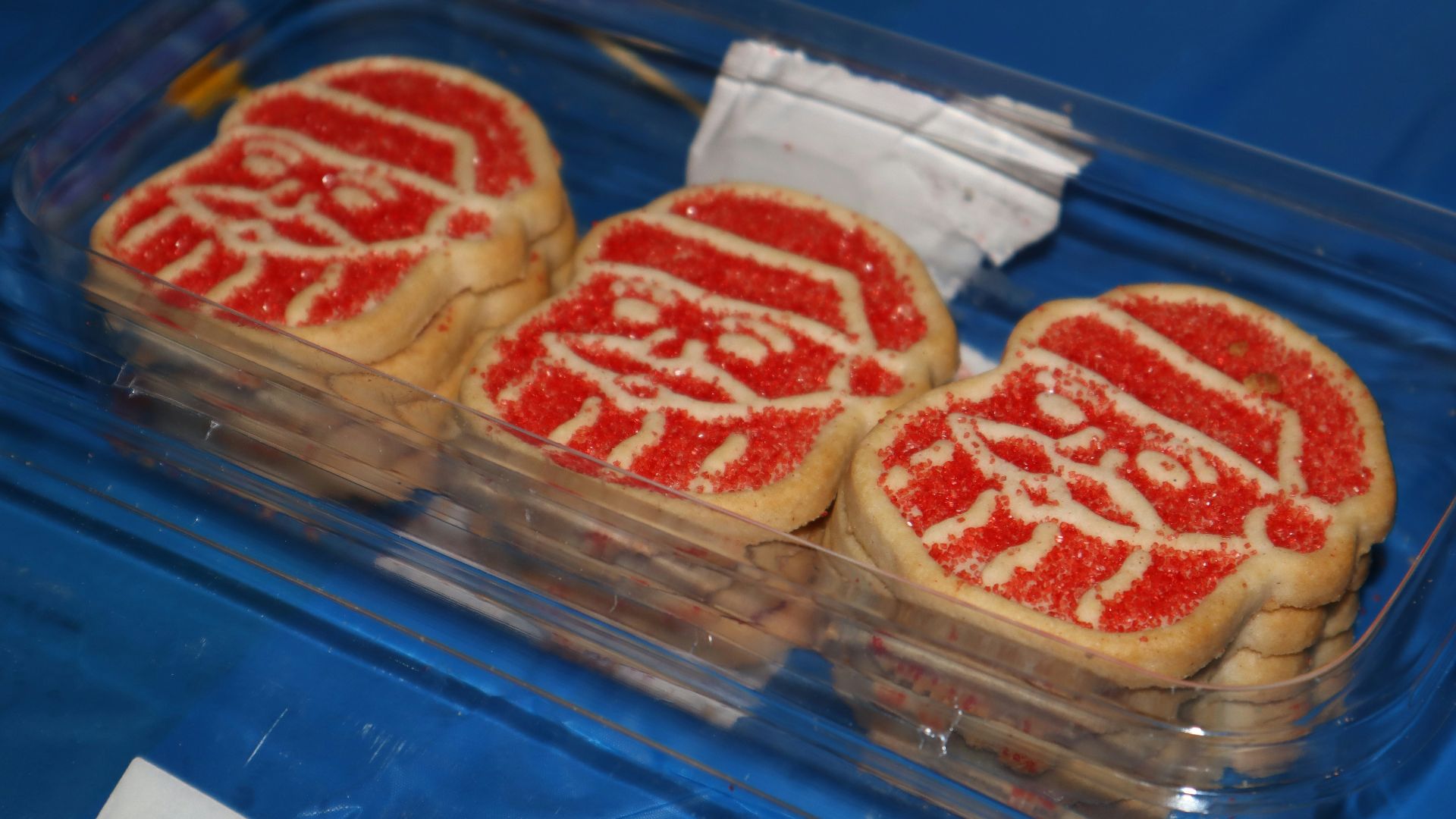 brown and white pastry on blue plastic container