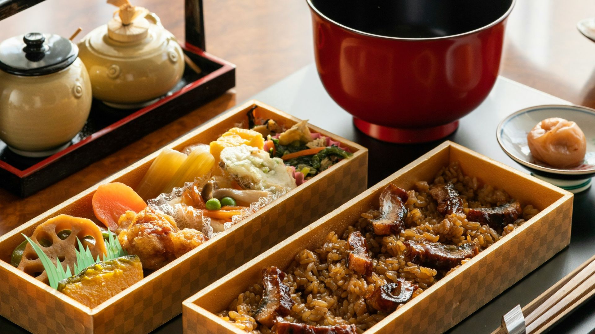 two brown trays with cooked foods