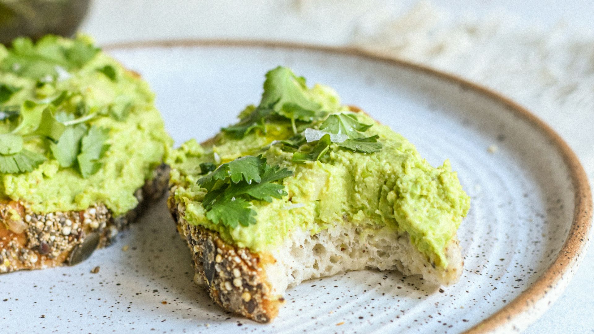 a white plate topped with a piece of bread covered in guacamole