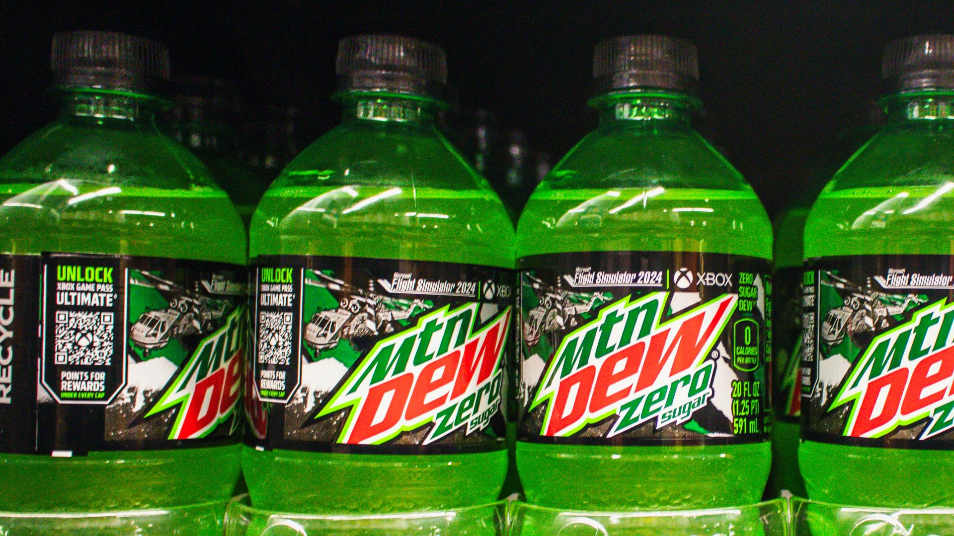 Mountain dew zero bottles on a shelf.