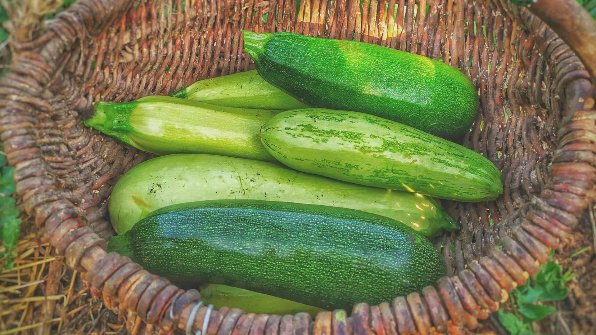 green cucumbers on round brown wicker basket