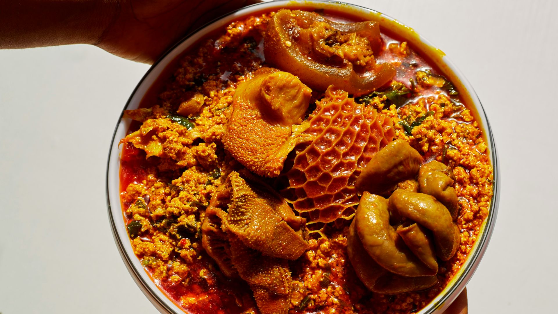 Hands holding a bowl of egusi soup with assorted meats.