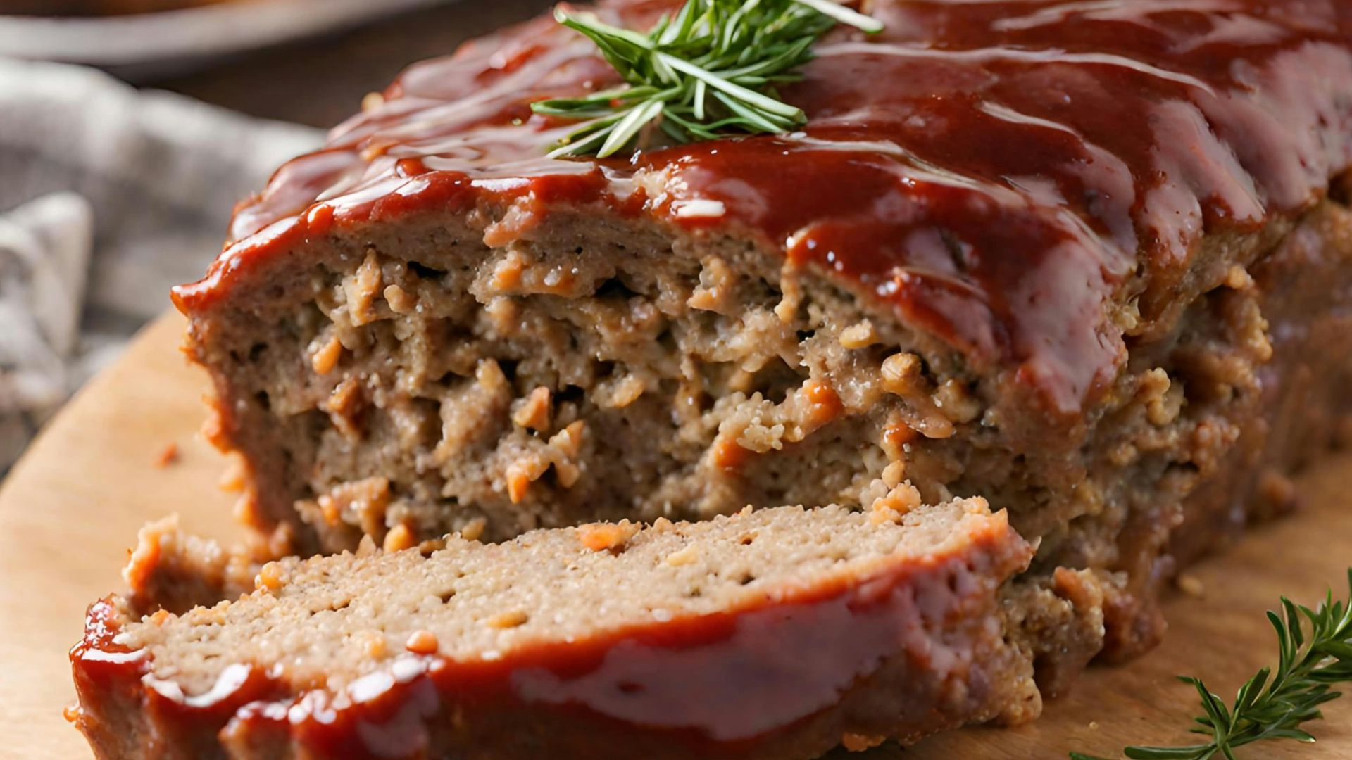 a loaf of meatloaf on a cutting board with a sprig of