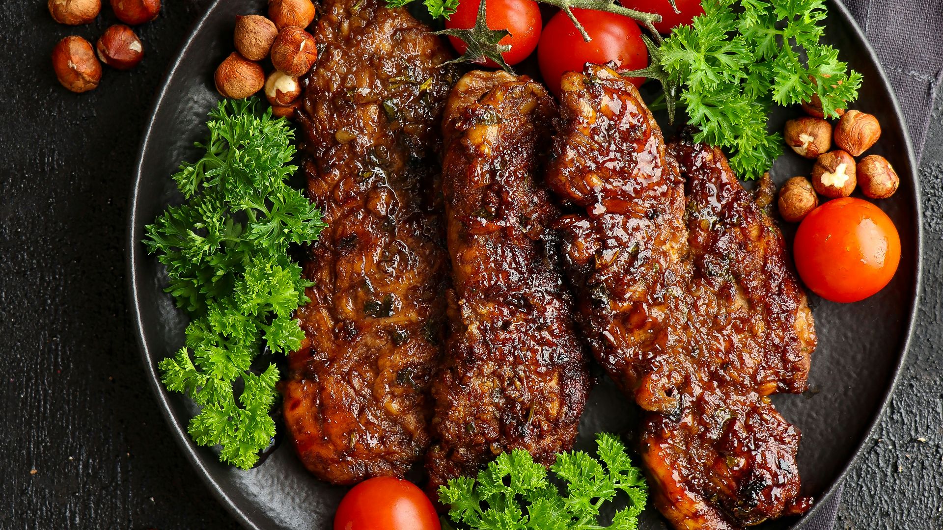 a plate of meat and vegetables on a table