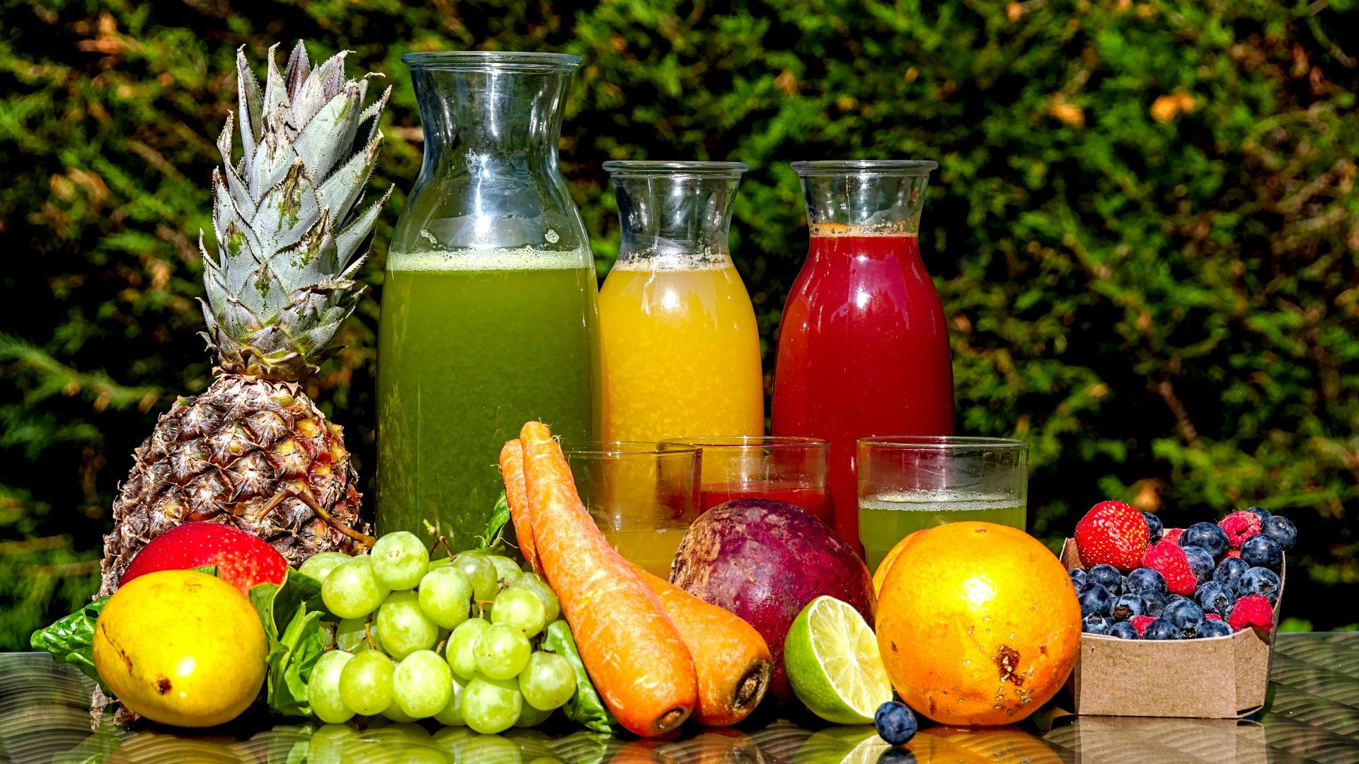 fruits and vegetable in clear glass jar
