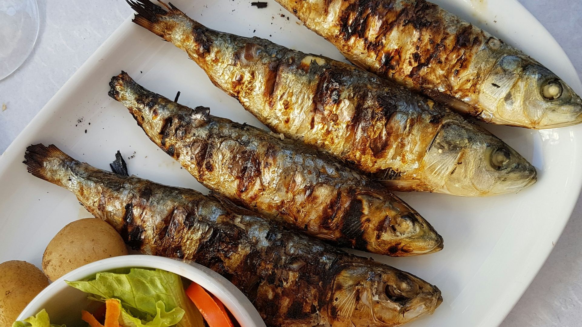 grilled fish with vegetable salad on white ceramic plate