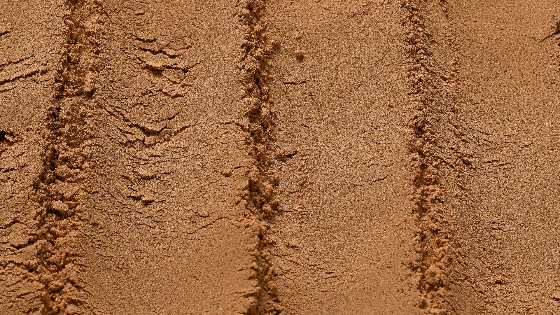 a close up of a sandy beach with tracks in the sand