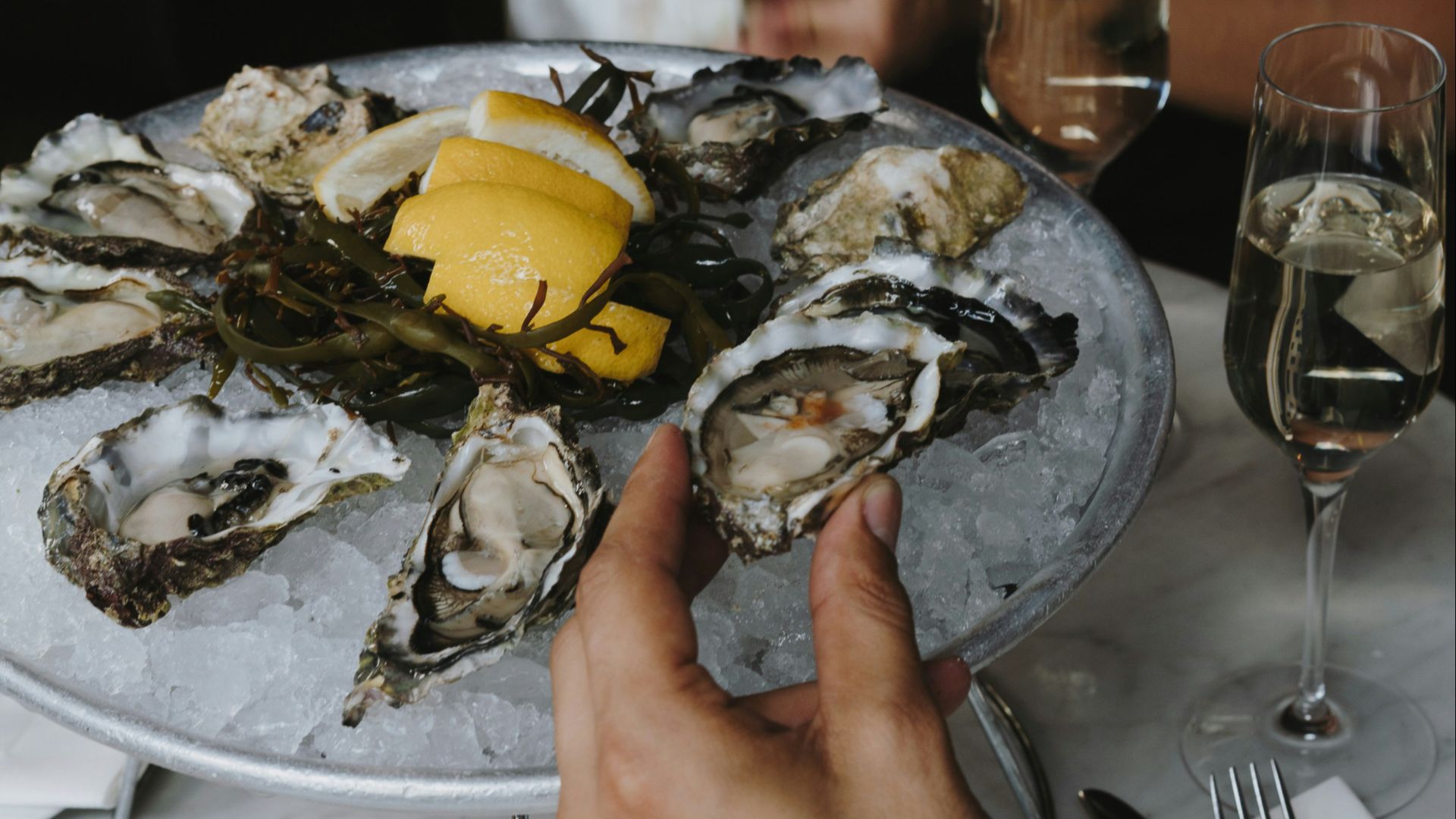 a person holding a plate of oysters with lemon wedges