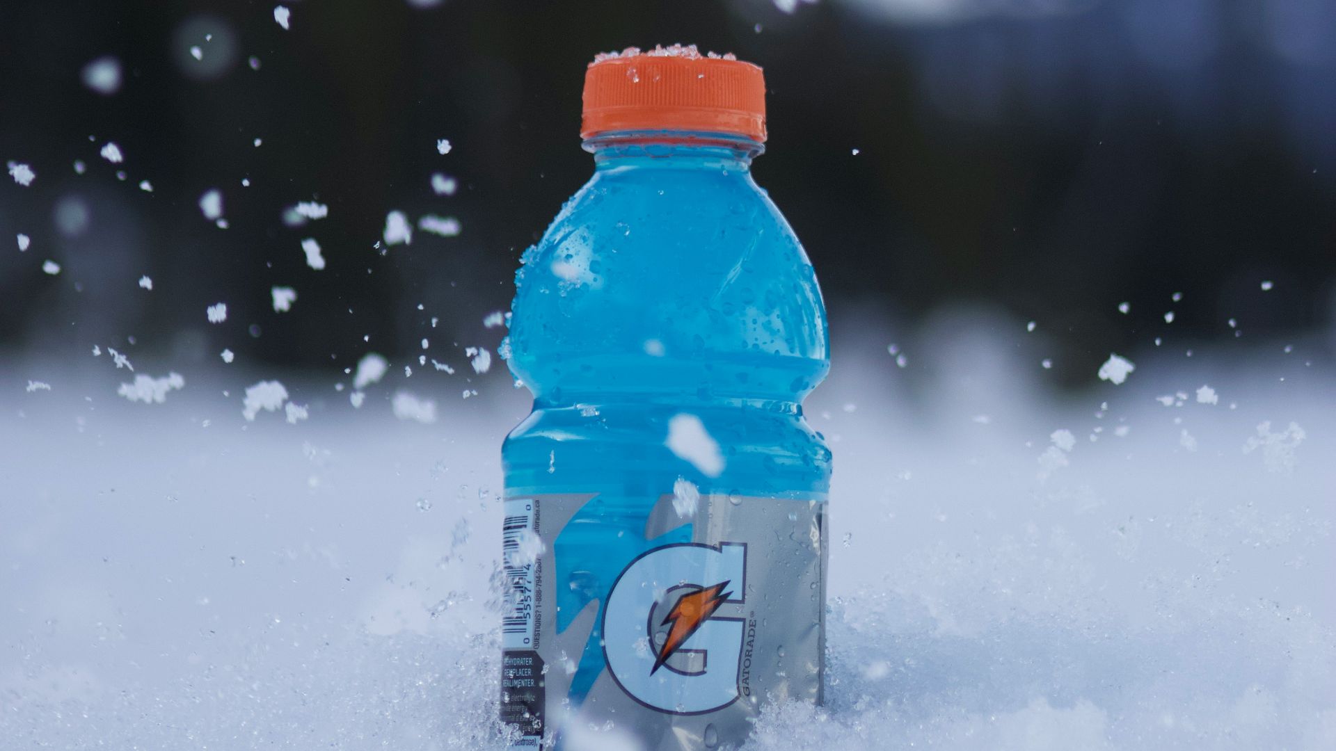 Gatorade bottle sits in the snowy mountains.
