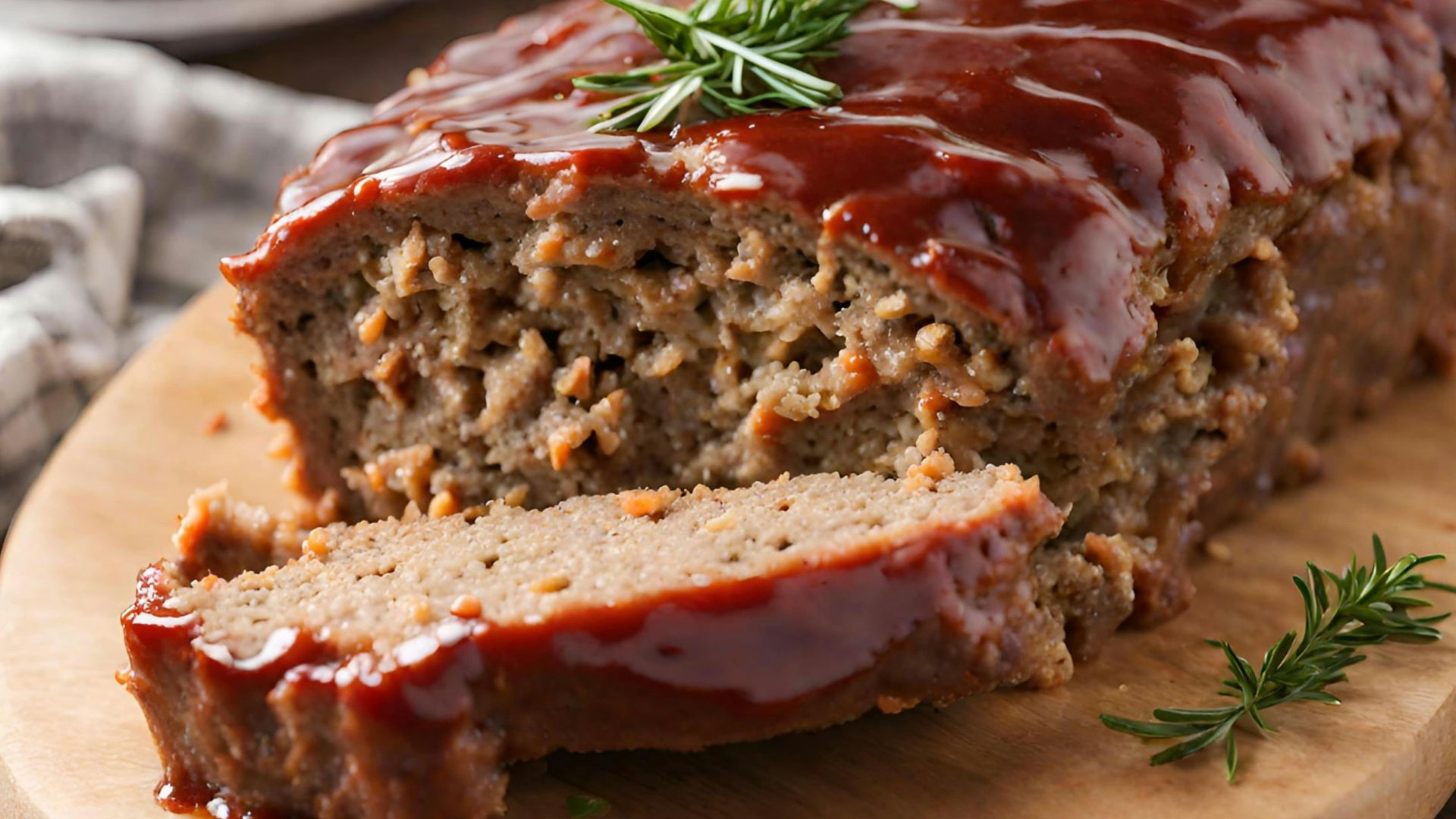 a loaf of meatloaf on a cutting board with a sprig of