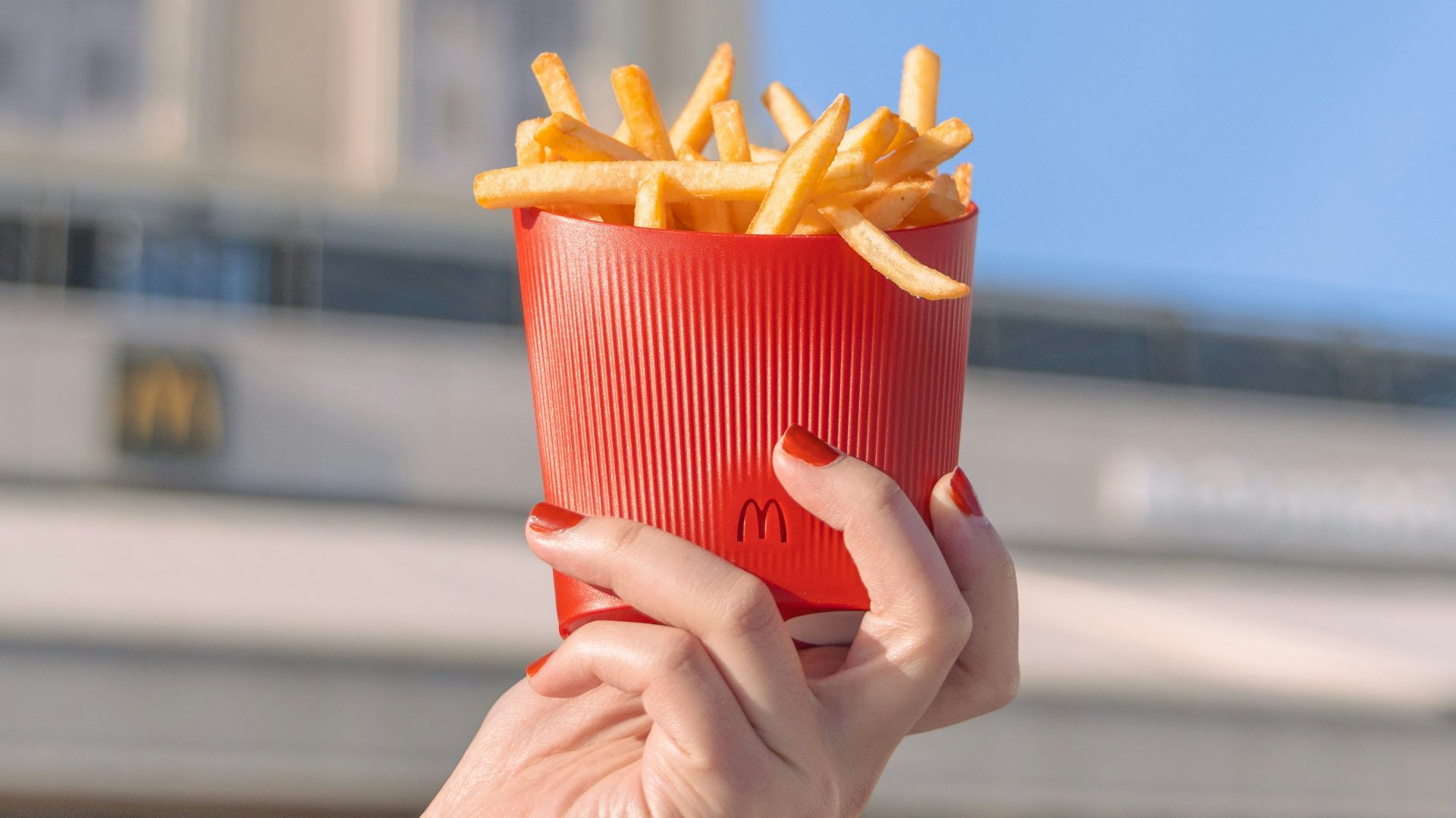 a person holding a red container with french fries in it