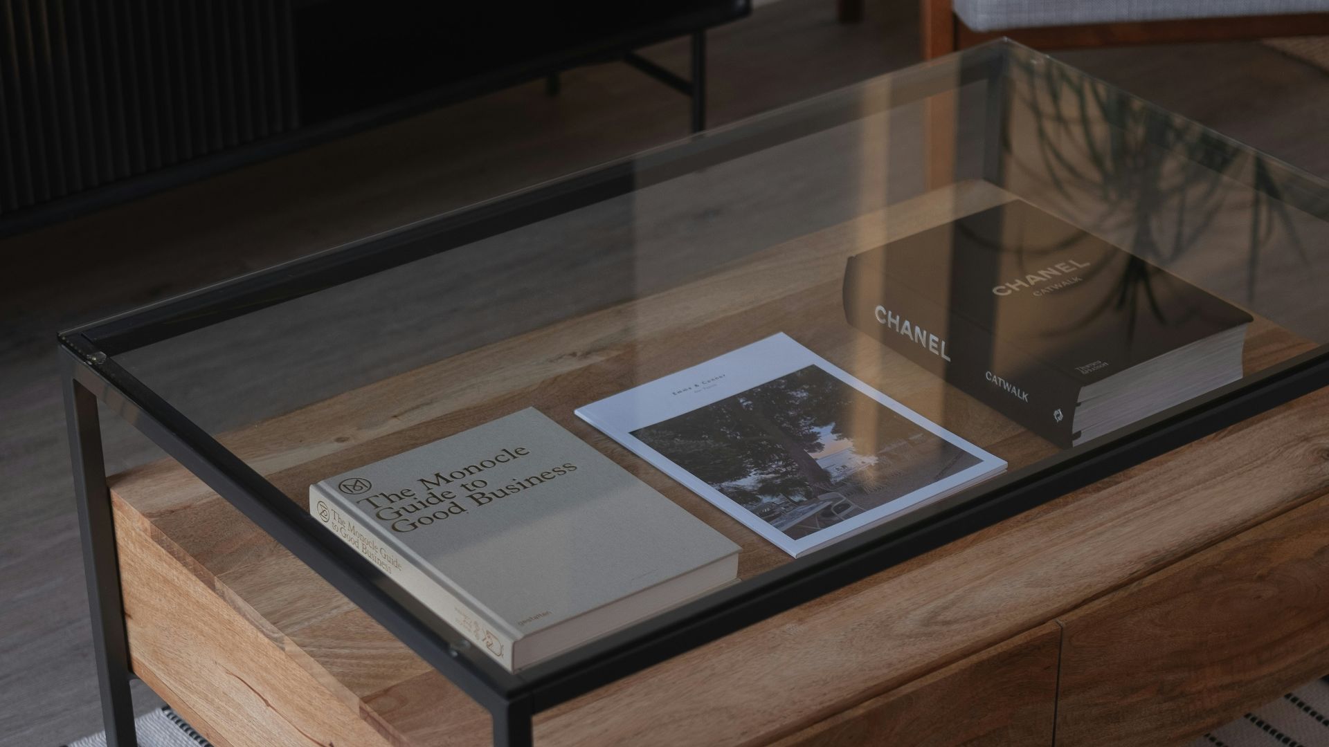 a coffee table with a book on top of it