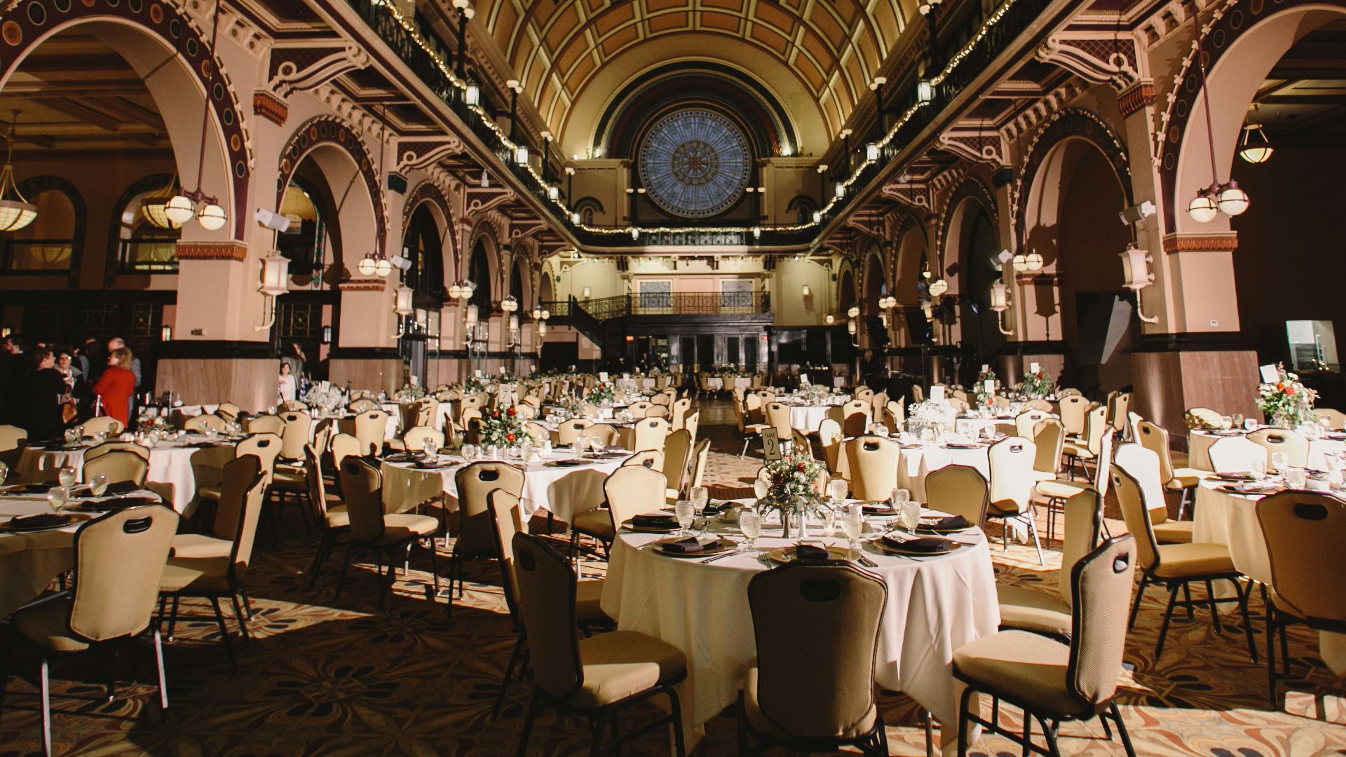a large room with tables and chairs