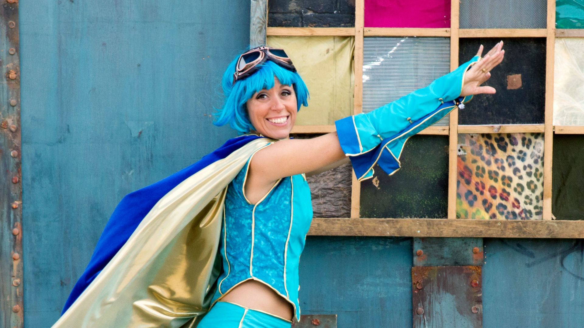 woman wearing anime costume about to fly position