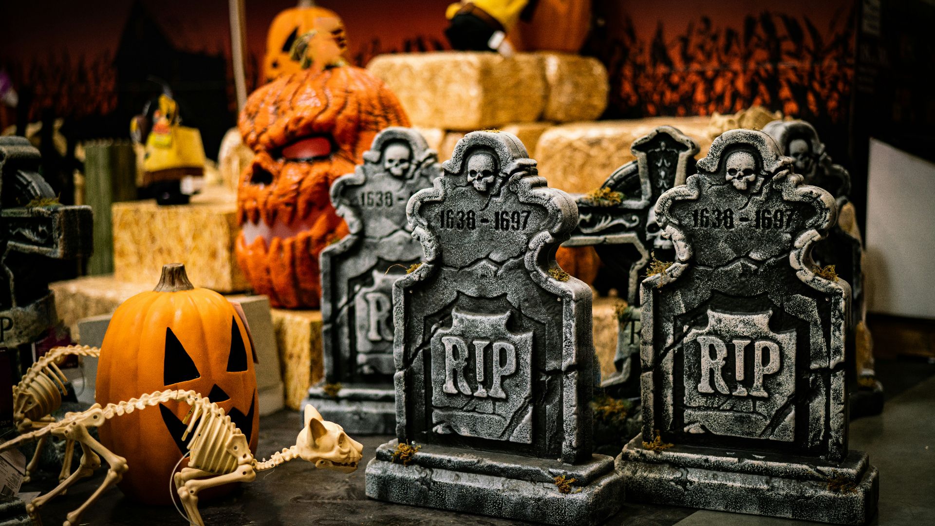 a group of tombstones sitting on top of a table