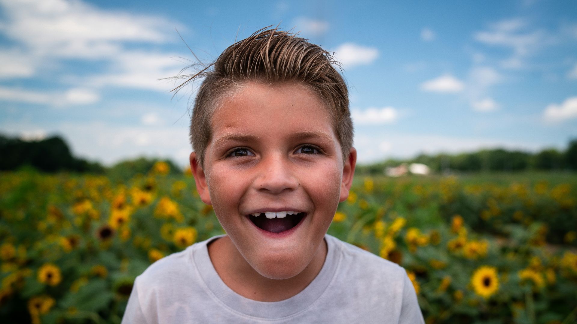 boy in white crew neck shirt standing on yellow flower field during daytime