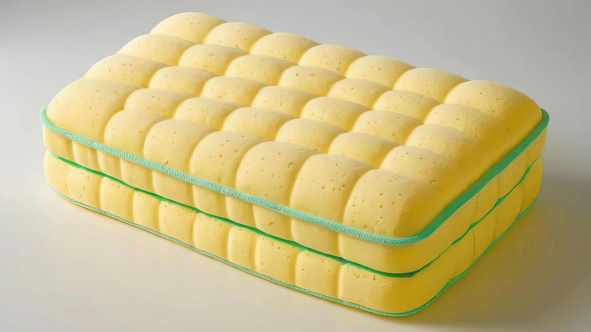 A yellow mattress sitting on top of a white table