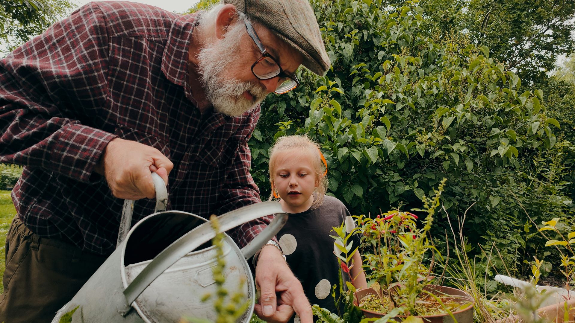 a man and a child looking at a plant
