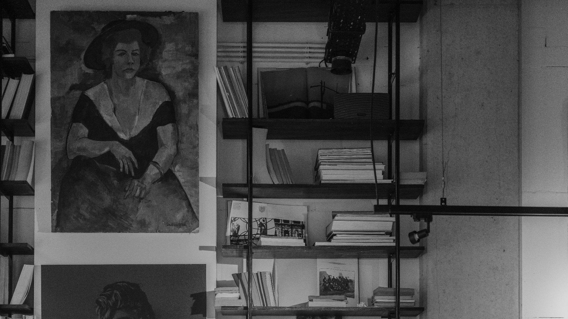 Bookshelves with paintings and various books.