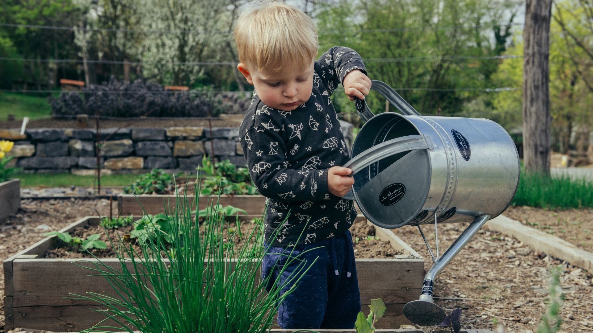 boy in black and white long sleeve shirt standing beside gray metal watering can during daytime