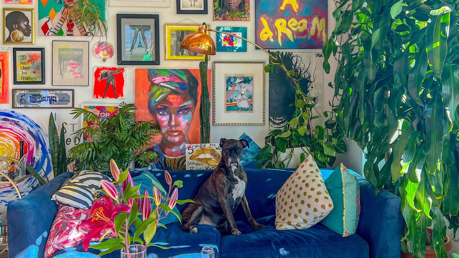 a living room with a blue couch and lots of pictures on the wall