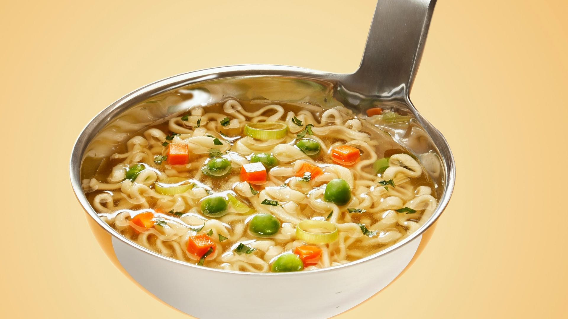 silver steel scoop with noodles