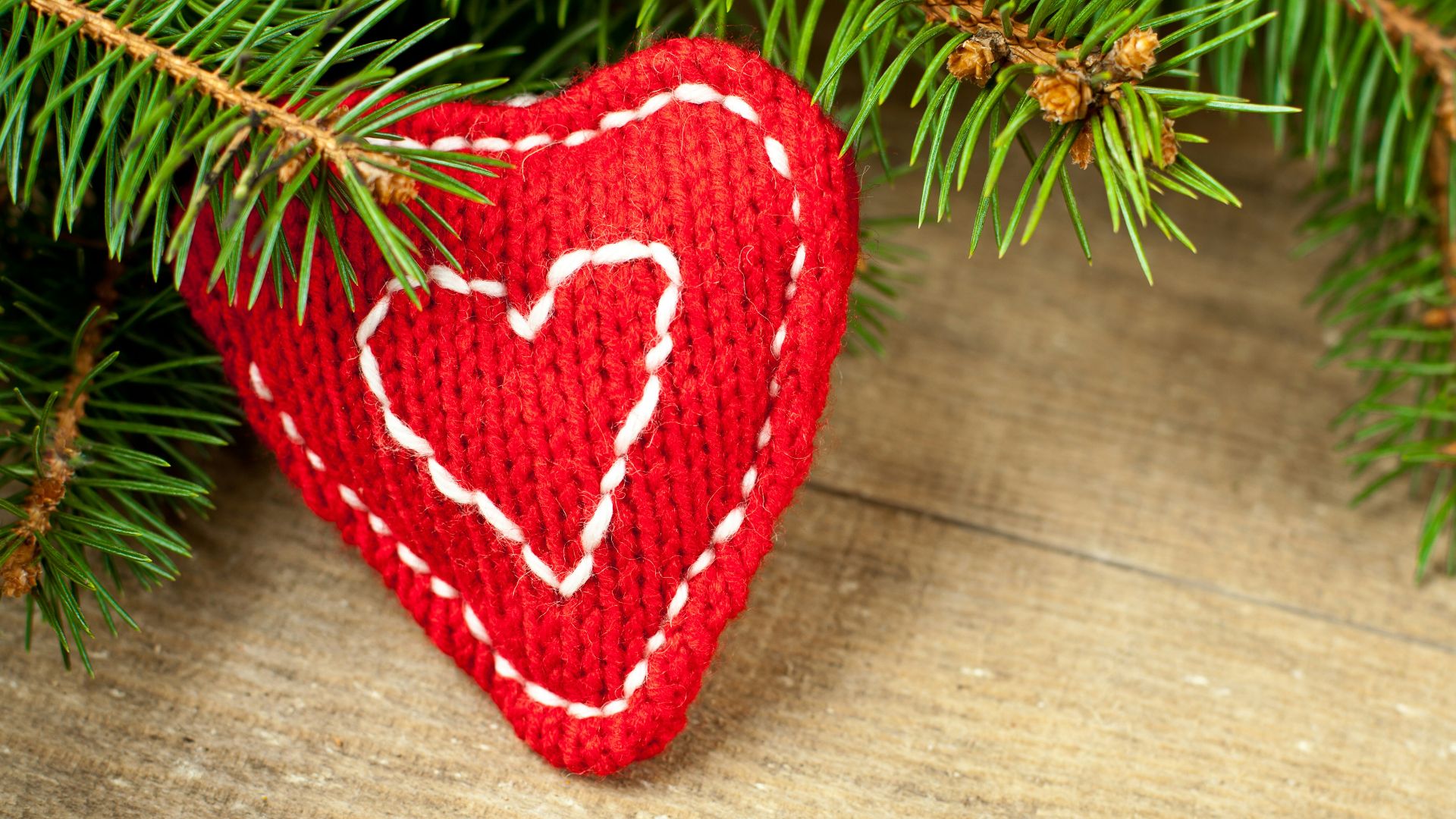 A red ornament hanging from a pine tree