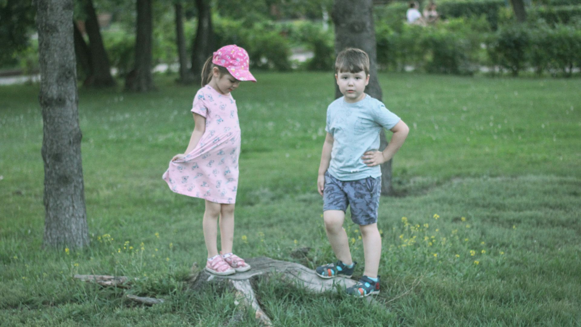 girl and boy standing beside trees during daytime
